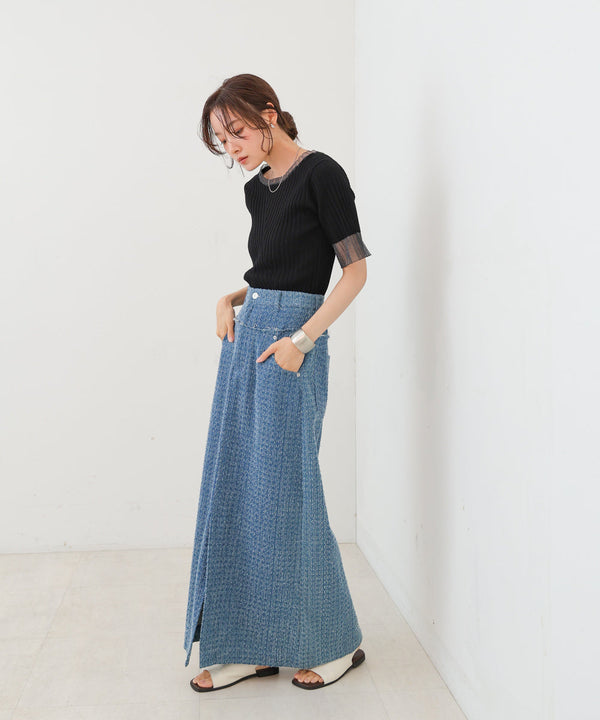 シアー使い５分袖リブニットトップス