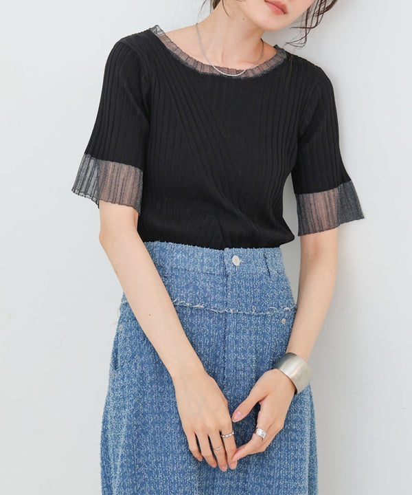 シアー使い５分袖リブニットトップス