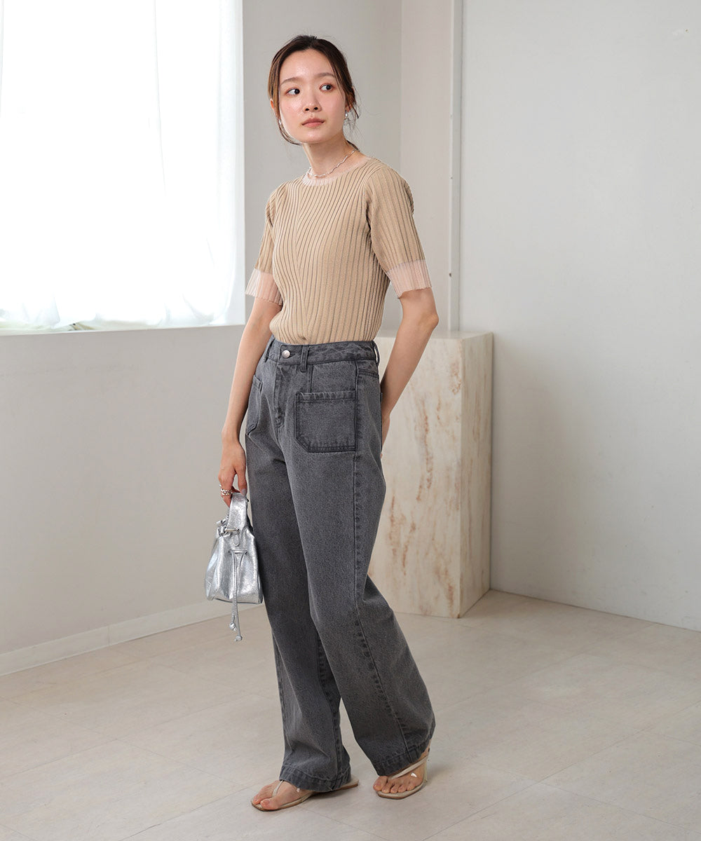 シアー使い５分袖リブニットトップス