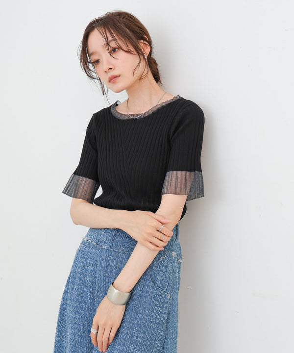 シアー使い５分袖リブニットトップス