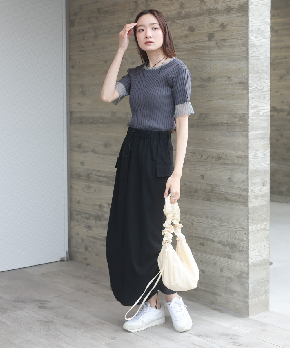 シアー使い５分袖リブニットトップス