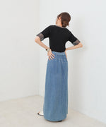 シアー使い５分袖リブニットトップス