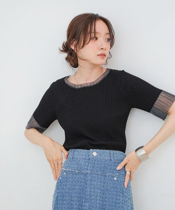 シアー使い５分袖リブニットトップス