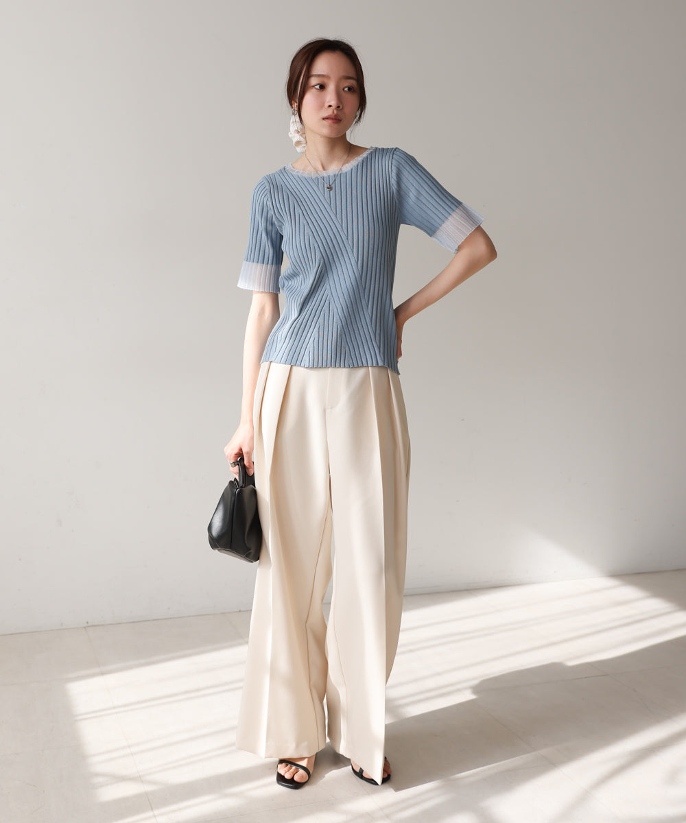 シアー使い５分袖リブニットトップス