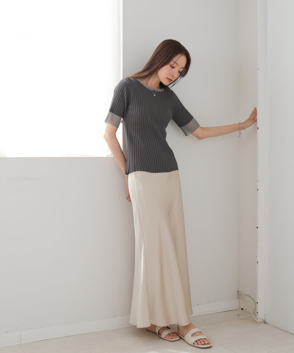 シアー使い５分袖リブニットトップス