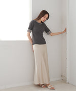 シアー使い５分袖リブニットトップス