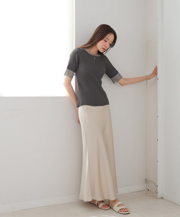 シアー使い５分袖リブニットトップス