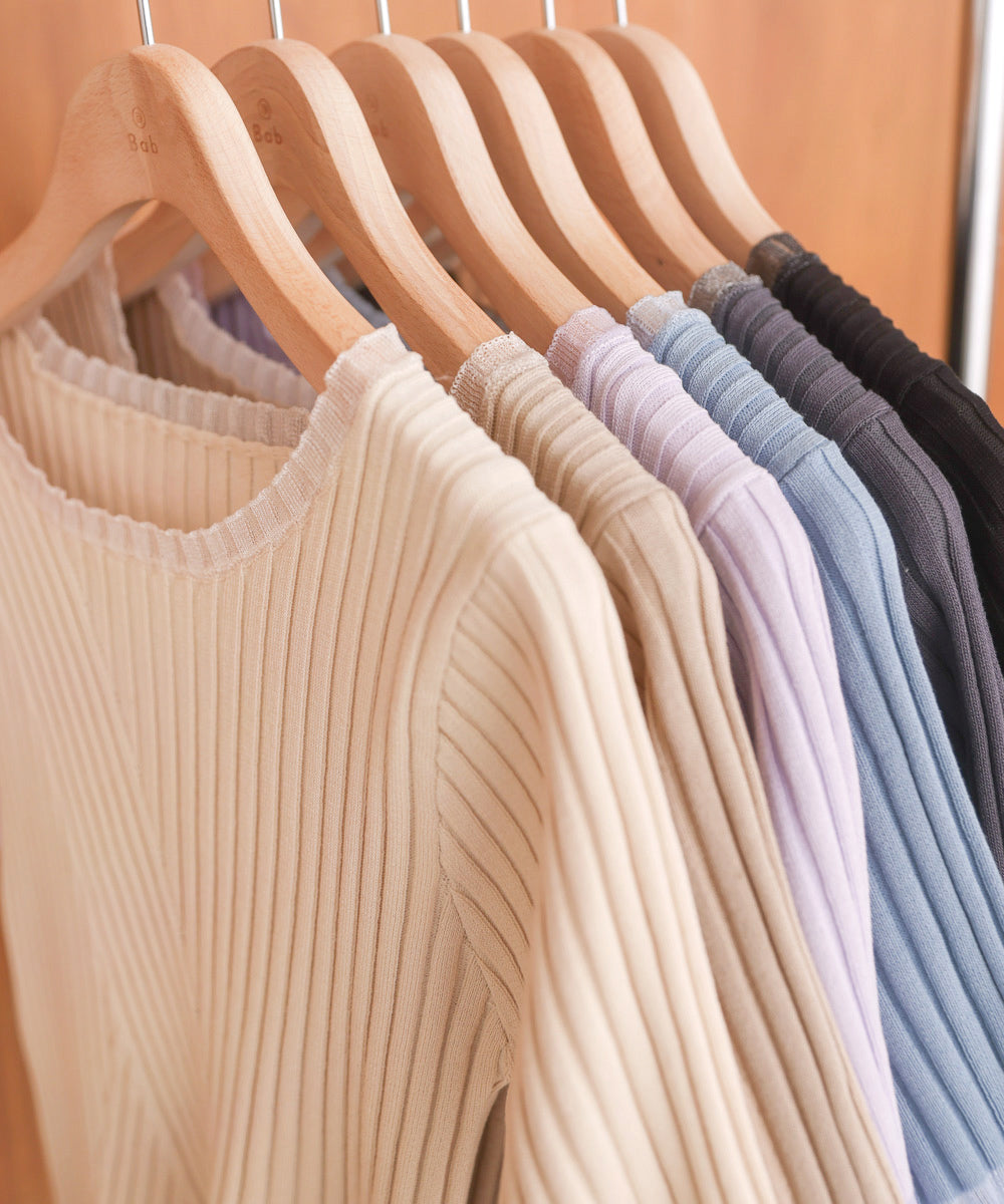 シアー使い５分袖リブニットトップス