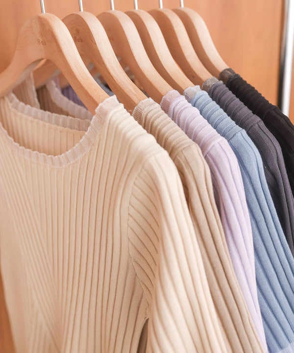 シアー使い５分袖リブニットトップス