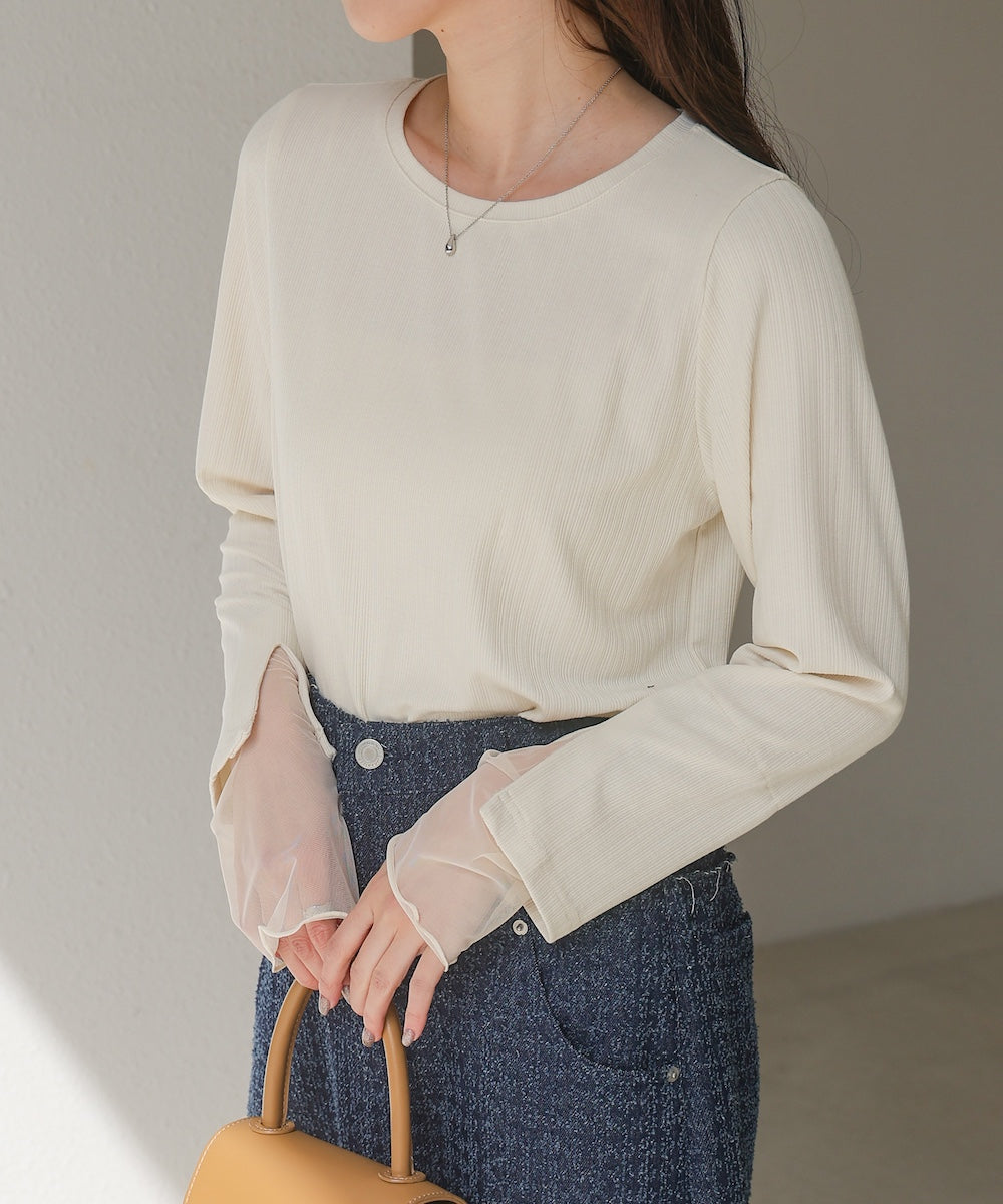 袖スリットチュールカットトップス