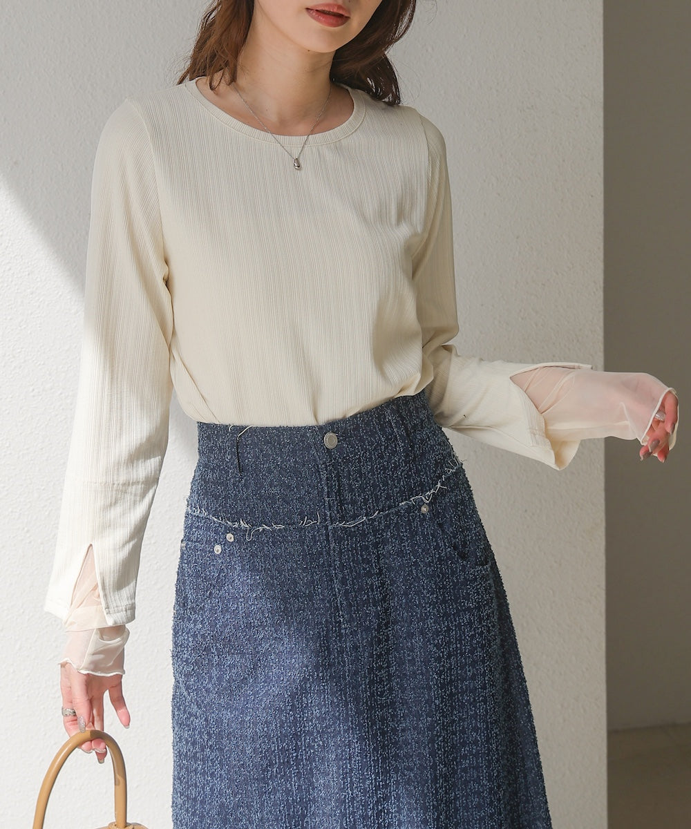 袖スリットチュールカットトップス