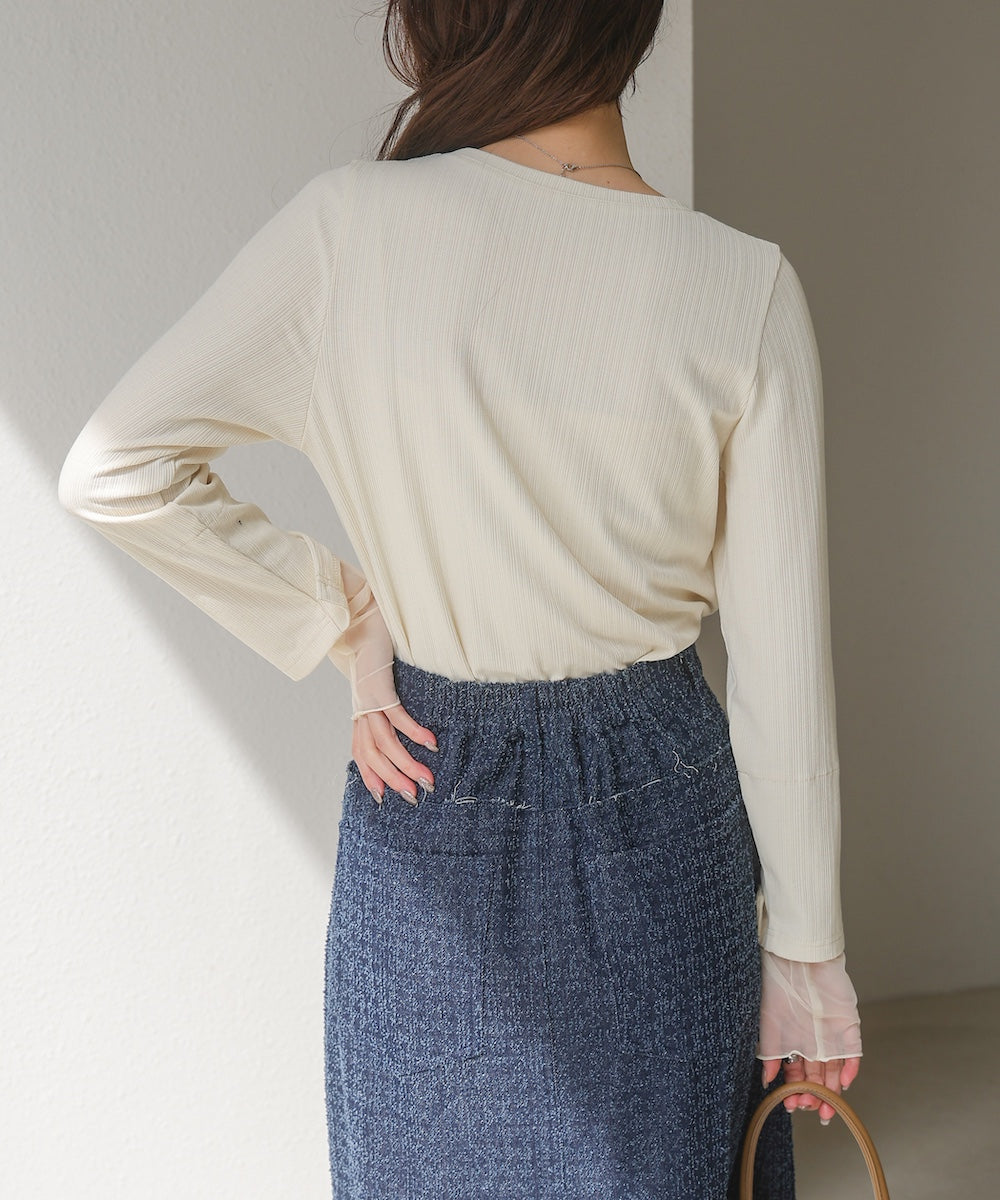 袖スリットチュールカットトップス