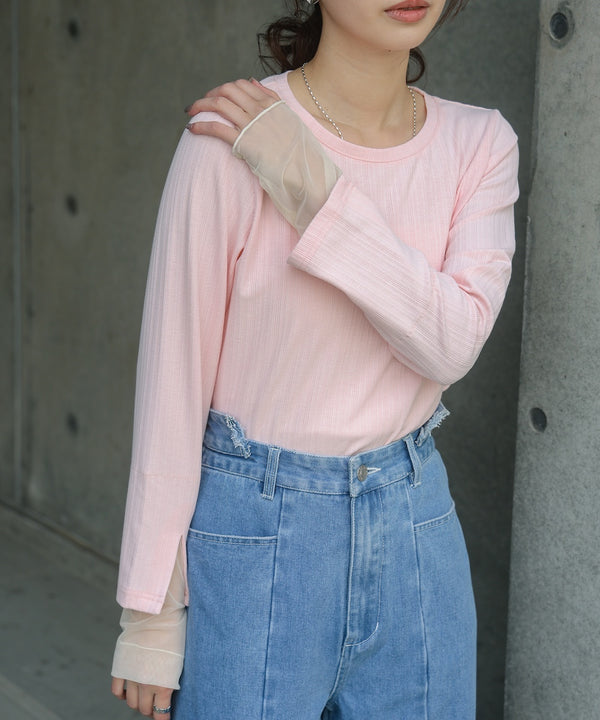 袖スリットチュールカットトップス