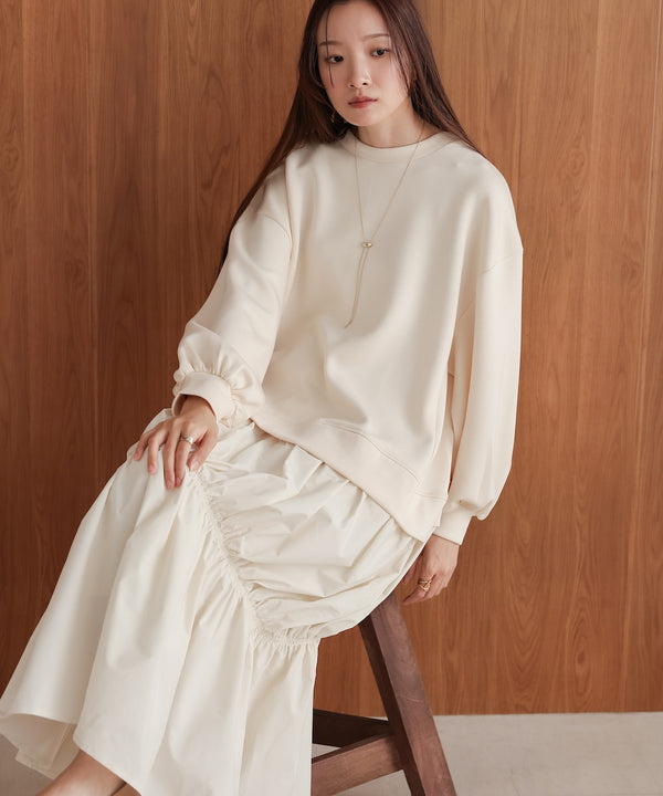 【Sサイズあり】異素材ドッキングギャザーワンピース