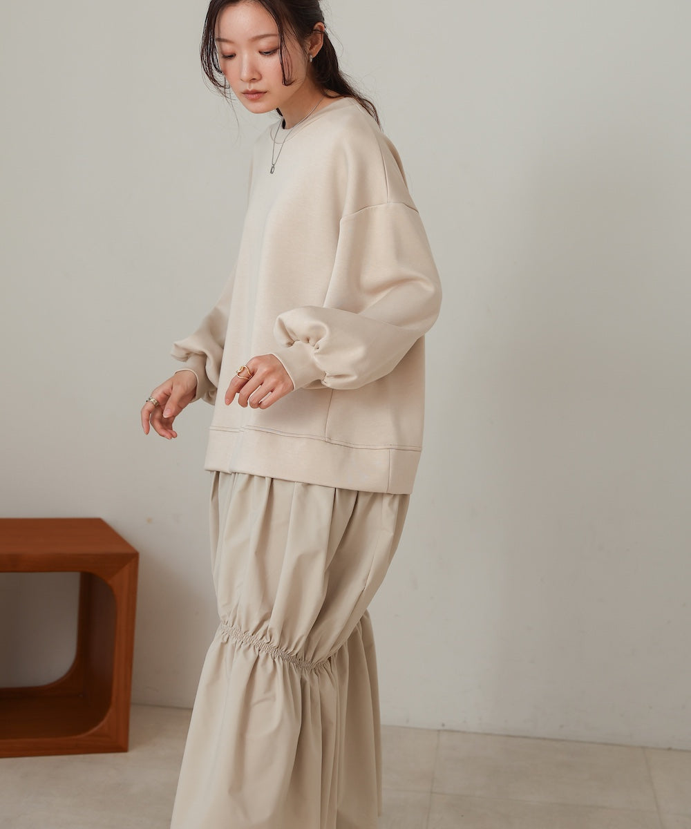 【Sサイズあり】異素材ドッキングギャザーワンピース