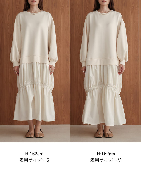 【Sサイズあり】異素材ドッキングギャザーワンピース