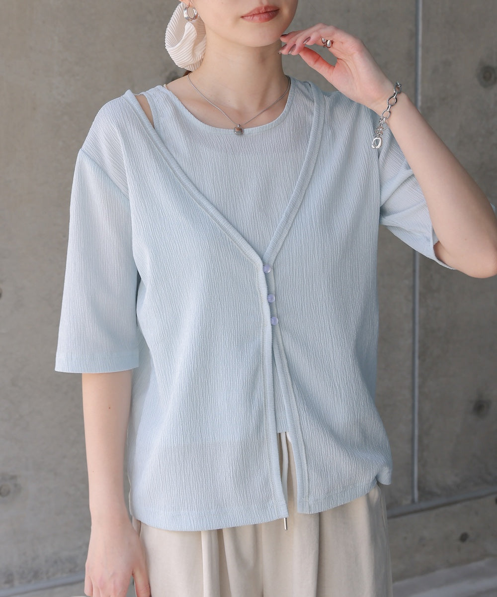 フェイクレイヤードカーディガントップス