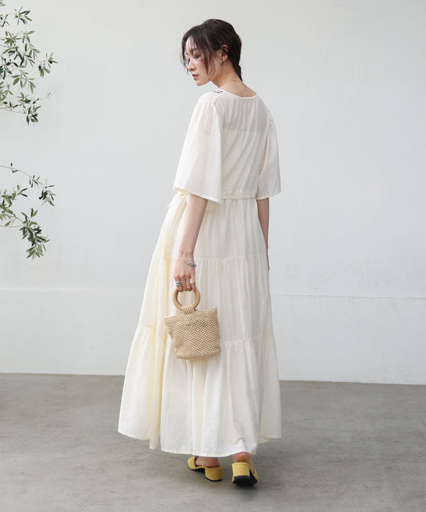 【S・Mサイズ展開】袖フレア－ティアード刺繍ワンピース