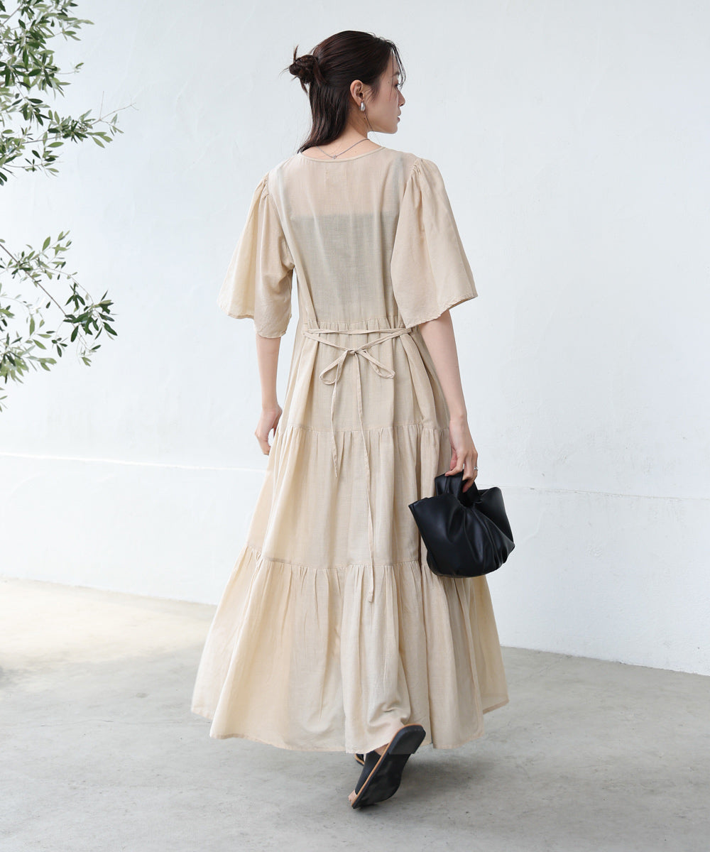 【S・Mサイズ展開】袖フレア－ティアード刺繍ワンピース