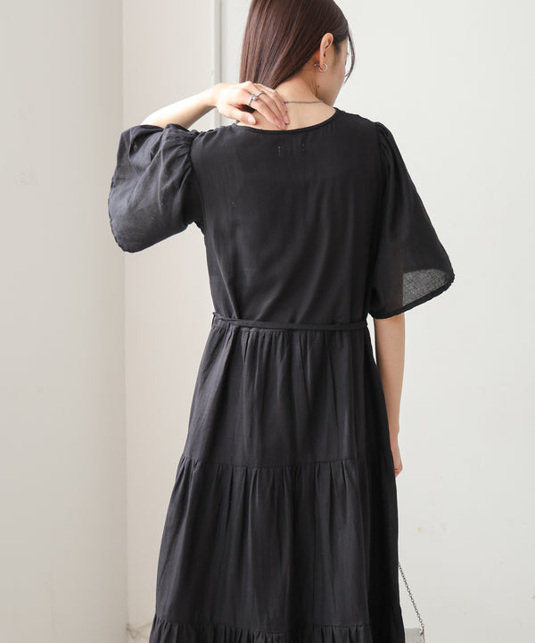 【S・Mサイズ展開】袖フレア－ティアード刺繍ワンピース