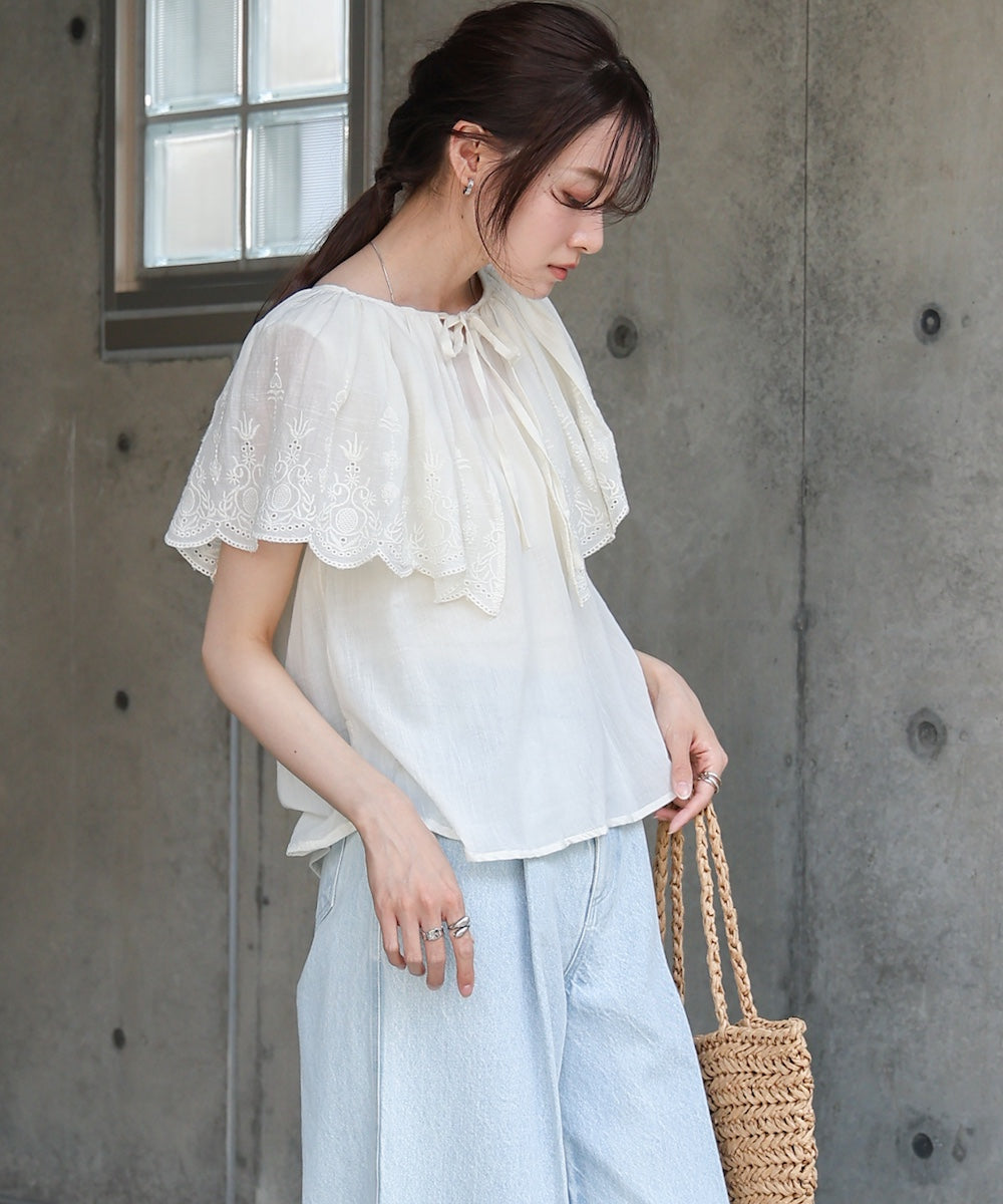 コットンボイルパンチングレースブラウス