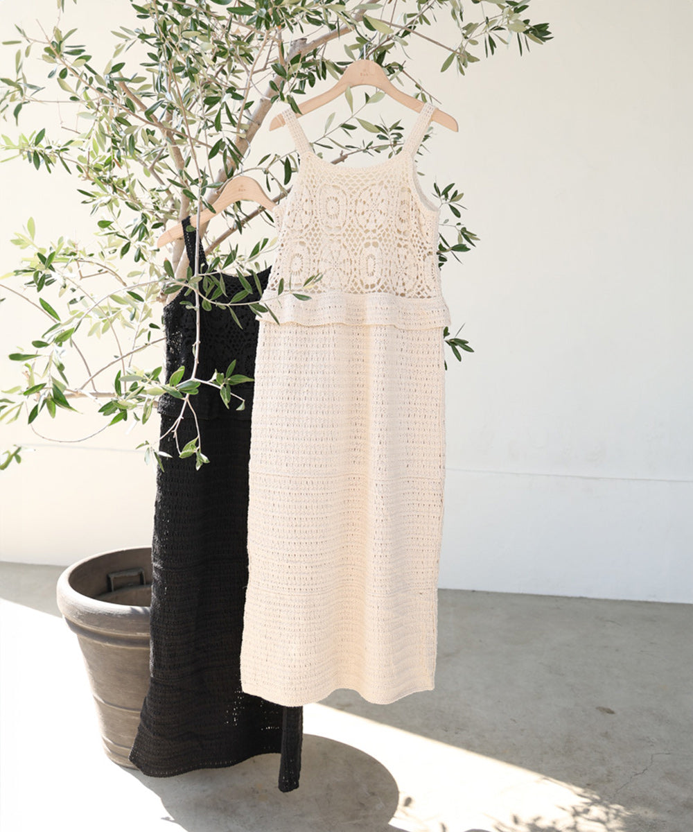 【S・Mサイズ展開】クロシェペプラムミックス編みワンピース