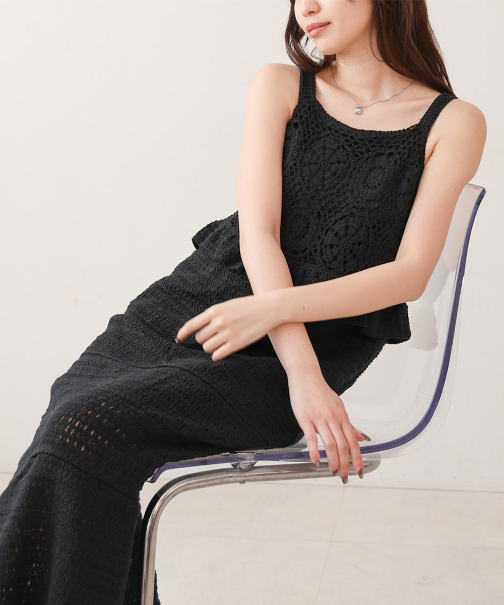 【S・Mサイズ展開】クロシェペプラムミックス編みワンピース