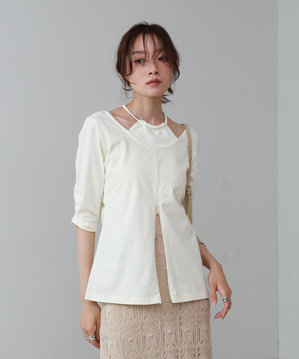 レイヤード風フロントジップトップス