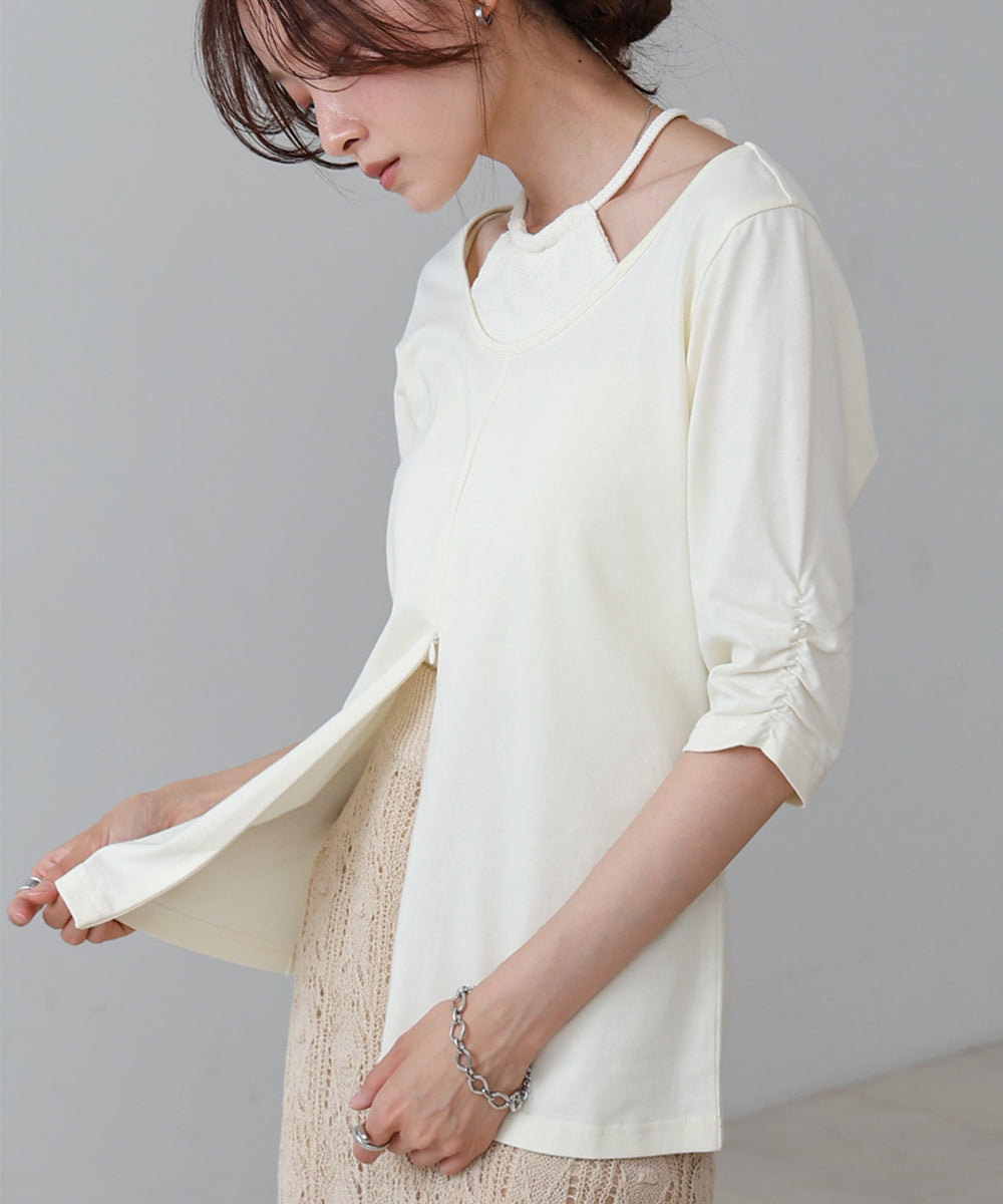 レイヤード風フロントジップトップス