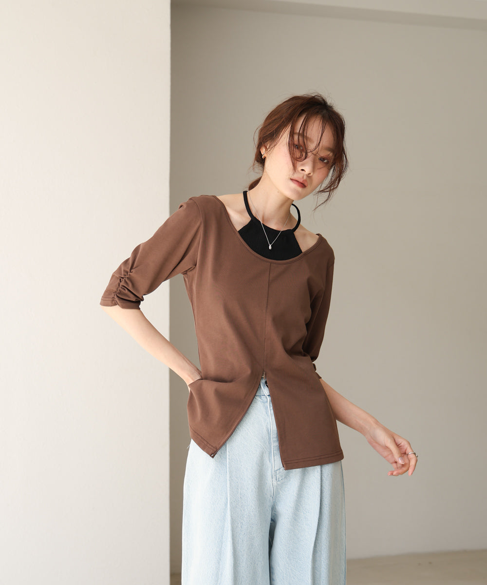 レイヤード風フロントジップトップス