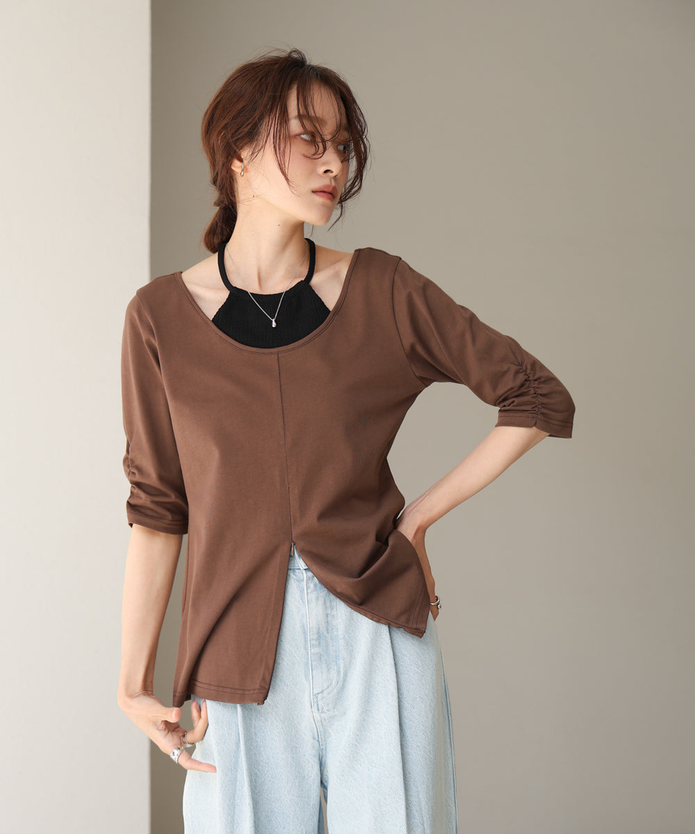 レイヤード風フロントジップトップス