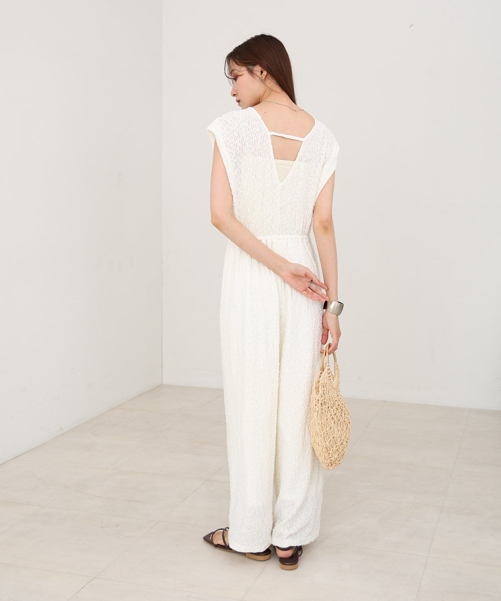 【選べる】【低身長向けサイズあり】前後２ＷＡＹウェーブ柄シュシュ付ワンピース・オールインワン