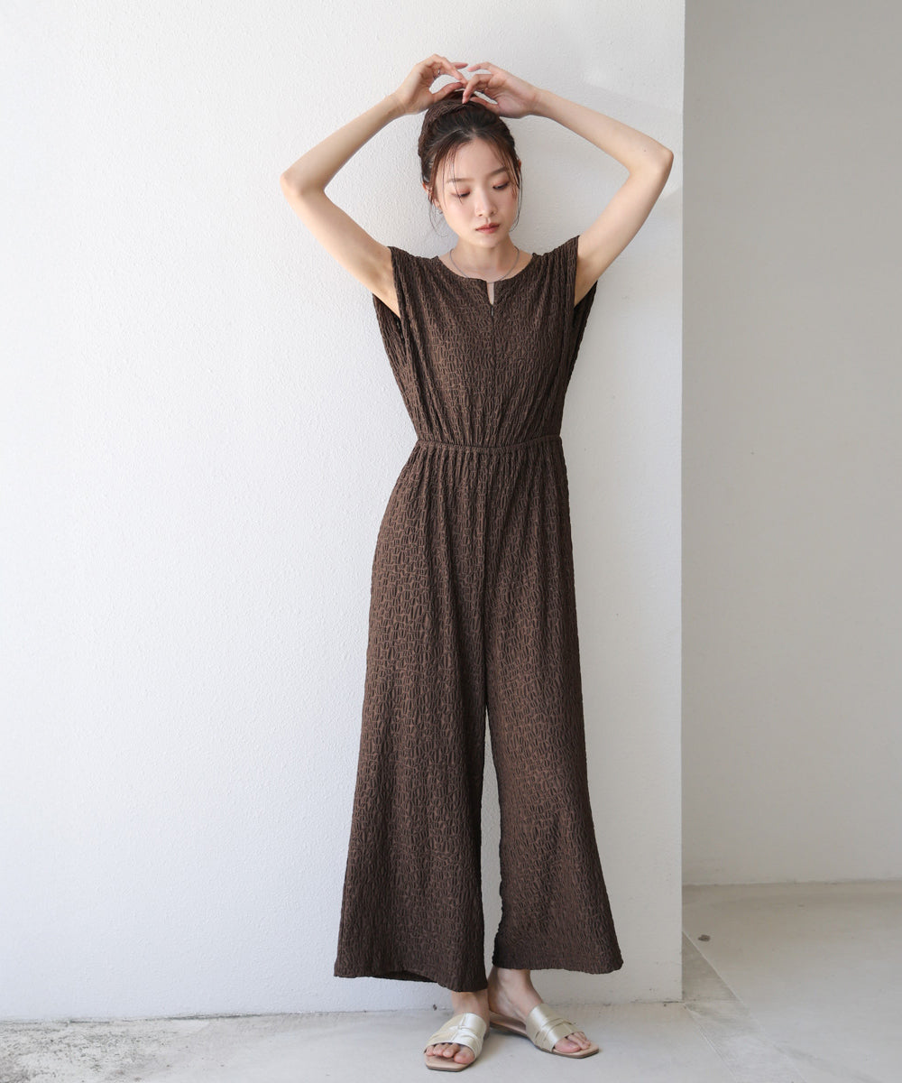 【選べる】【低身長向けサイズあり】前後２ＷＡＹウェーブ柄シュシュ付ワンピース・オールインワン