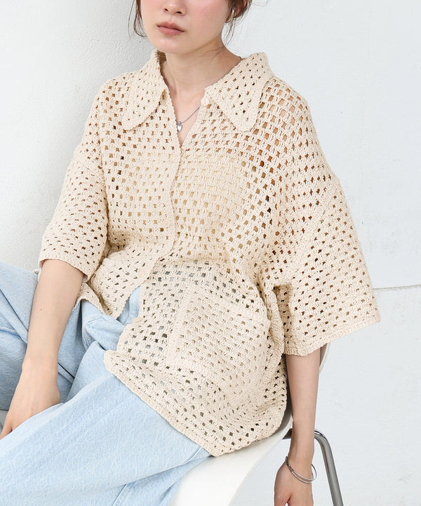 クロシェシャツカラー半袖トップス