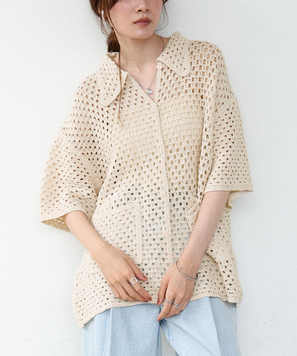 クロシェシャツカラー半袖トップス