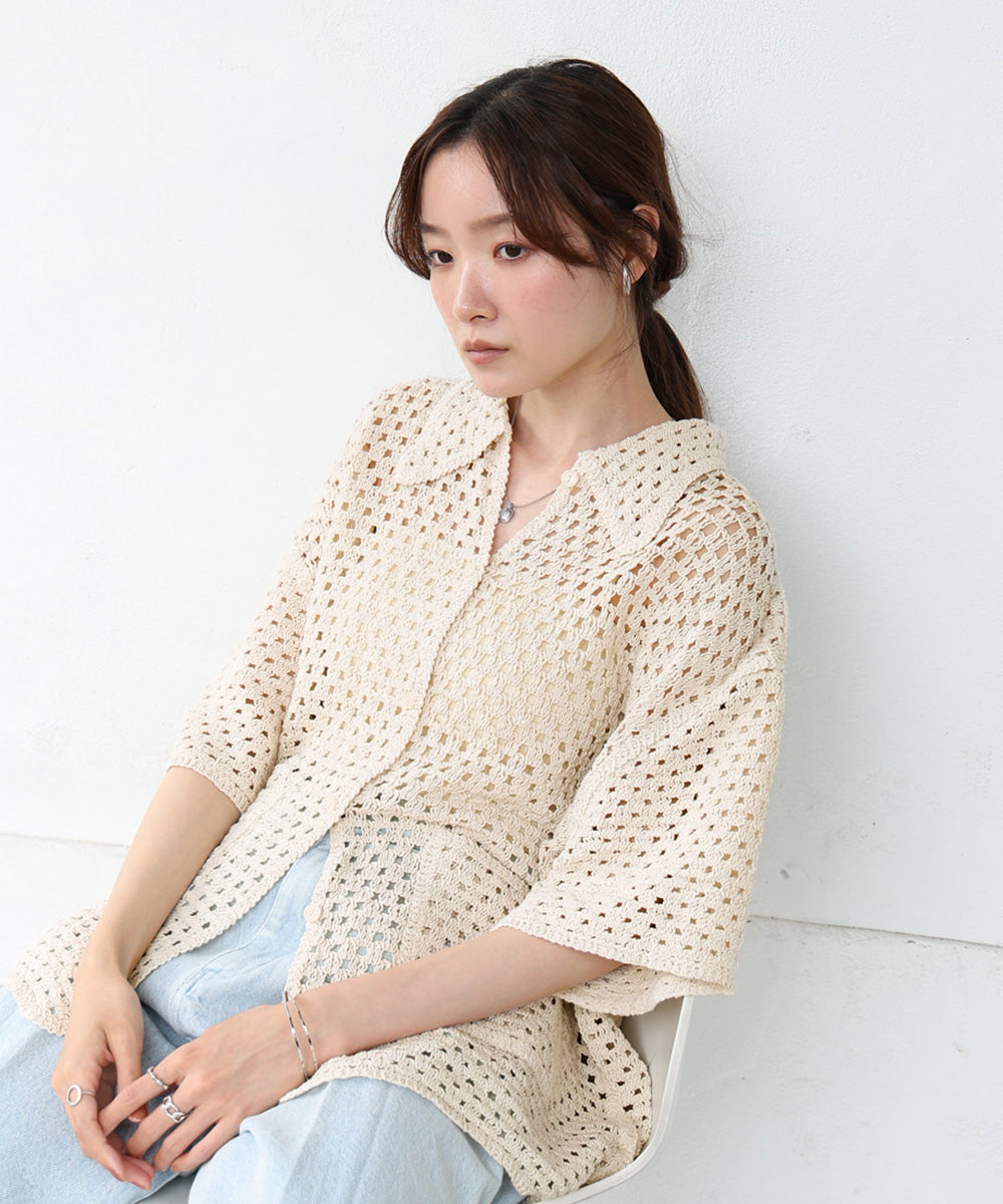 クロシェシャツカラー半袖トップス