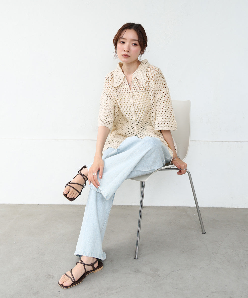 クロシェシャツカラー半袖トップス