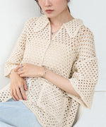 クロシェシャツカラー半袖トップス