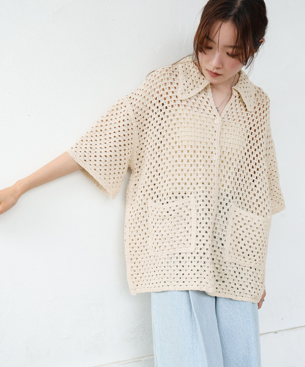 クロシェシャツカラー半袖トップス