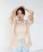 クロシェシャツカラー半袖トップス