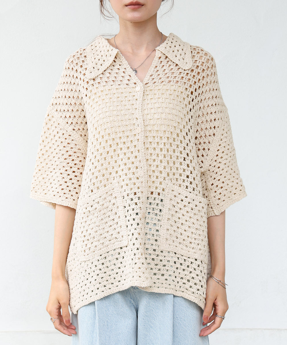 クロシェシャツカラー半袖トップス