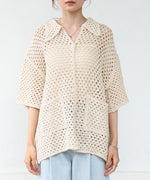 クロシェシャツカラー半袖トップス