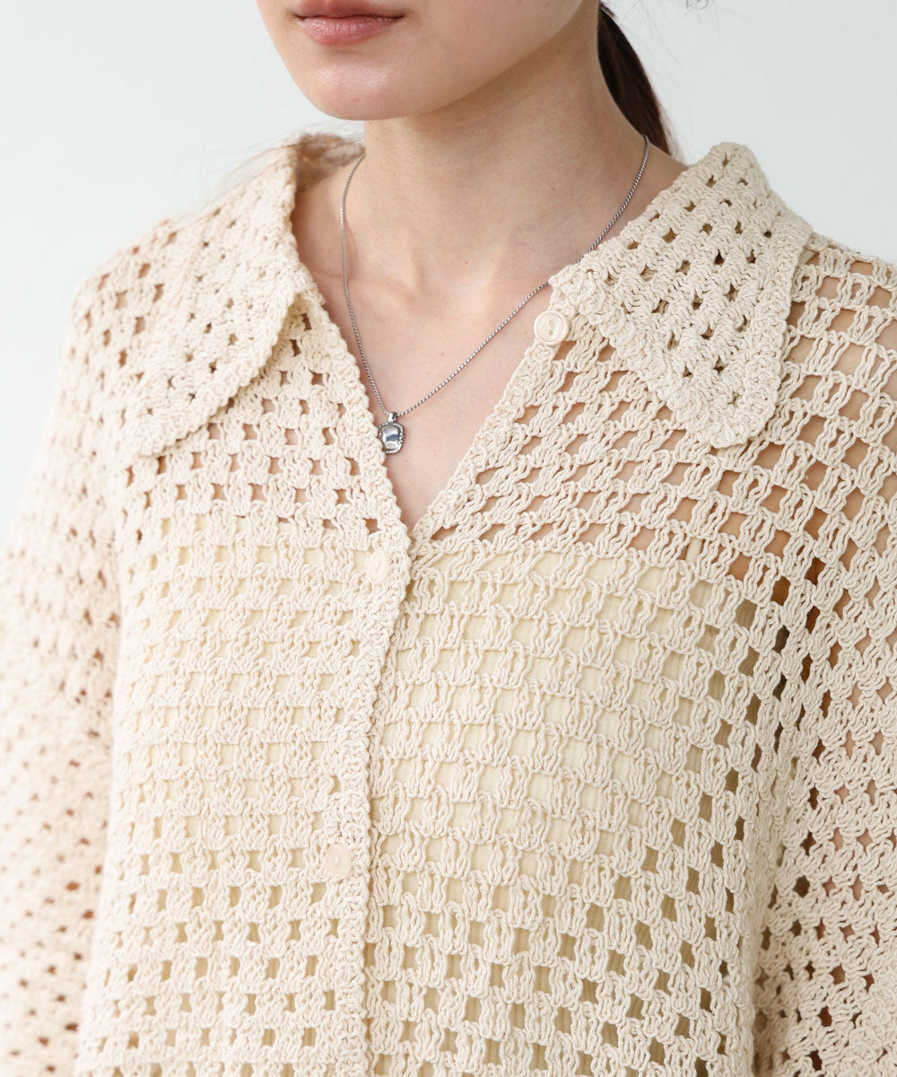 クロシェシャツカラー半袖トップス