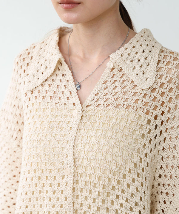 クロシェシャツカラー半袖トップス