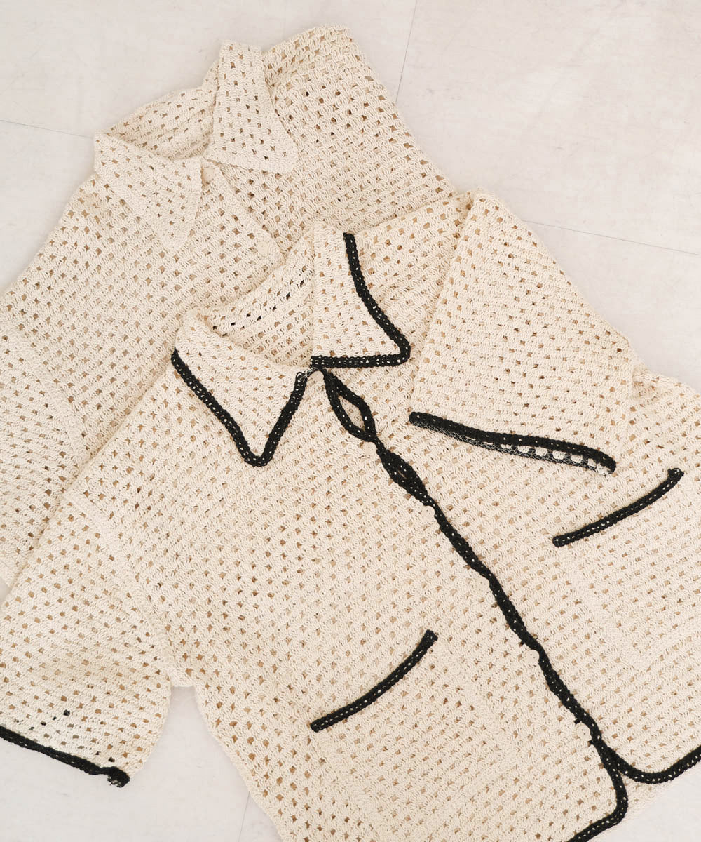 クロシェシャツカラー半袖トップス