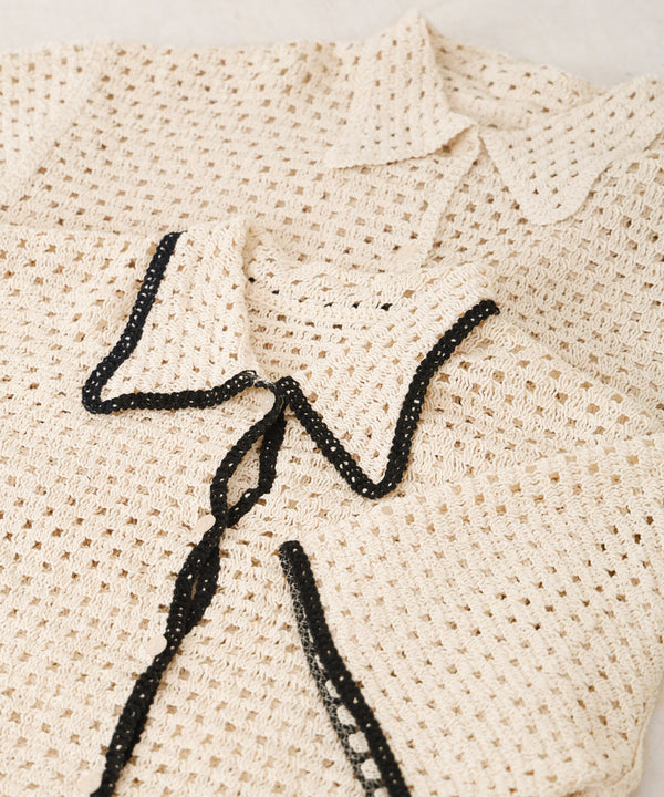 クロシェシャツカラー半袖トップス