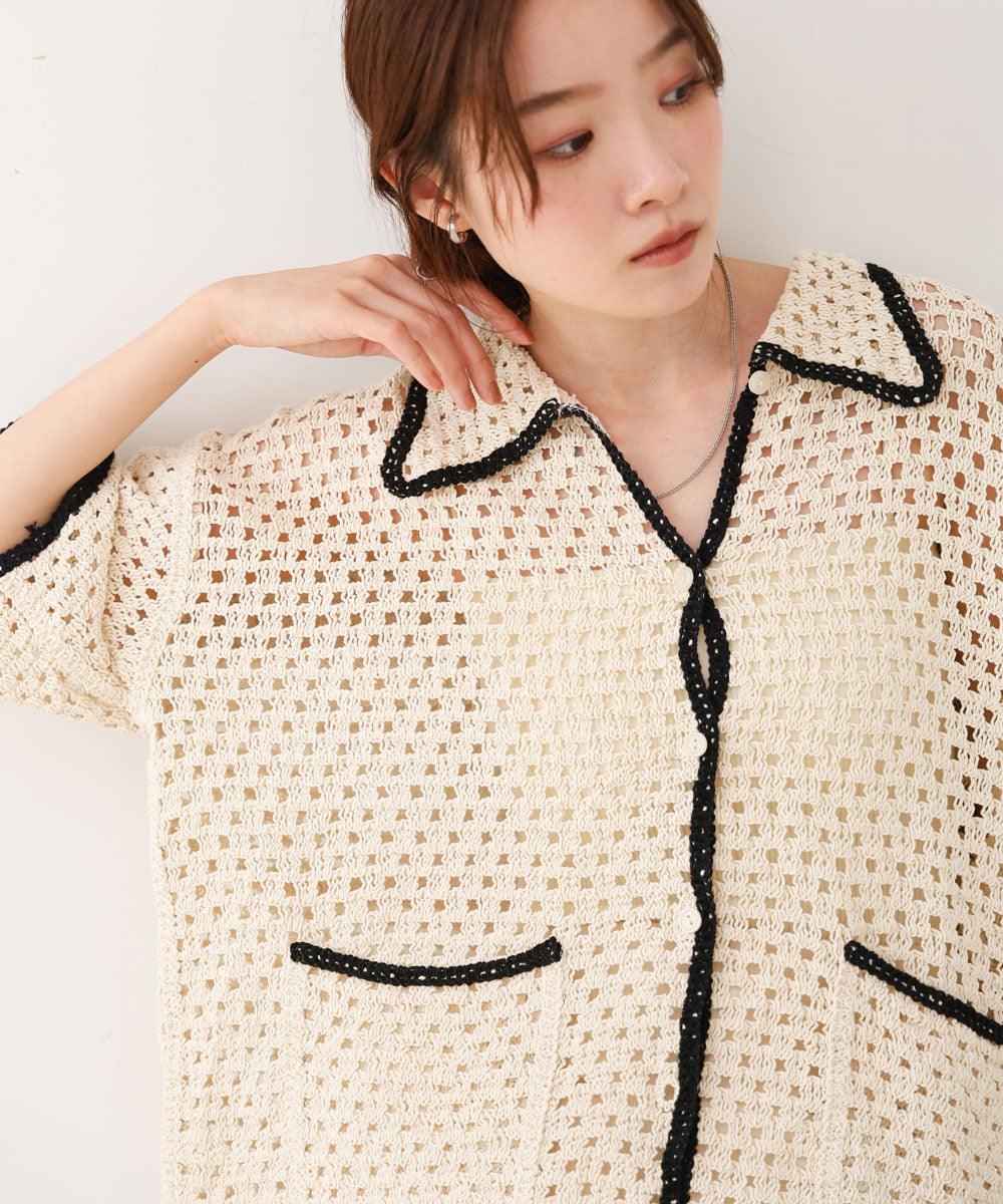 クロシェシャツカラー半袖トップス