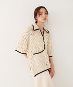 クロシェシャツカラー半袖トップス