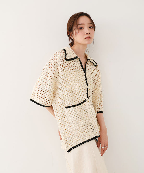 クロシェシャツカラー半袖トップス