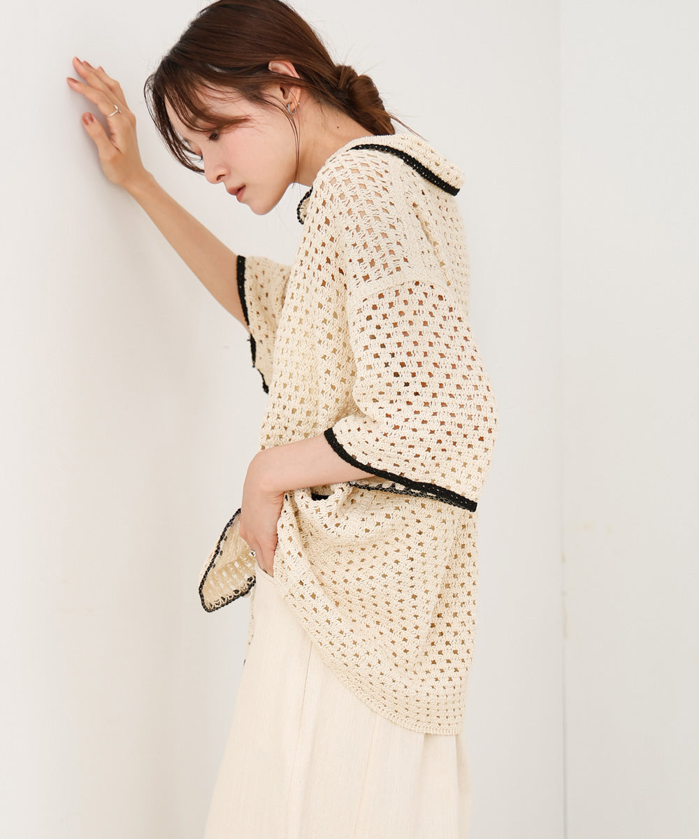 クロシェシャツカラー半袖トップス